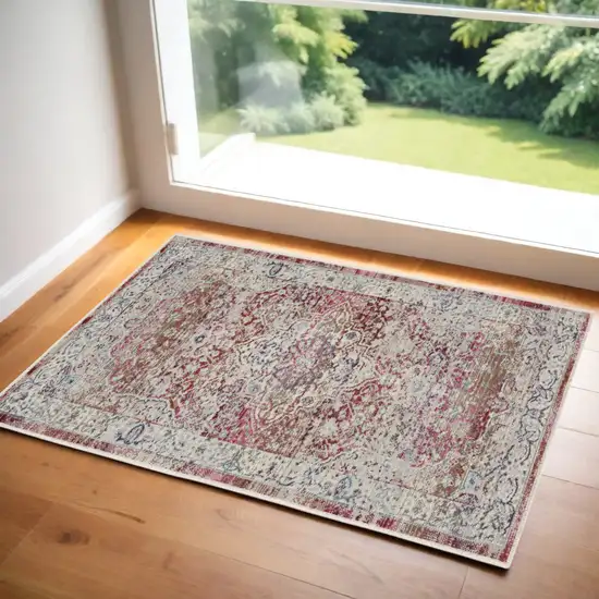 Ivory Red And Brown Floral Distressed Area Rug Photo 1