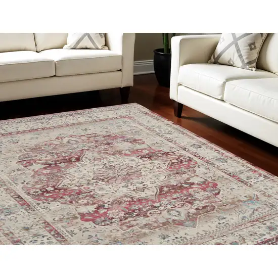 Ivory Red And Brown Floral Distressed Non Skid Area Rug Photo 1