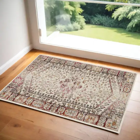 Ivory Red And Orange Floral Distressed Area Rug Photo 1