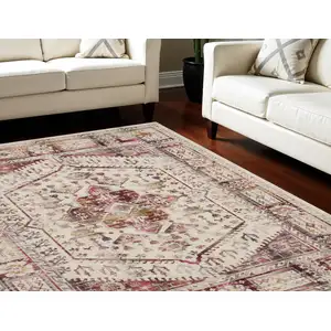 Photo of Ivory Red And Orange Floral Distressed Non Skid Area Rug