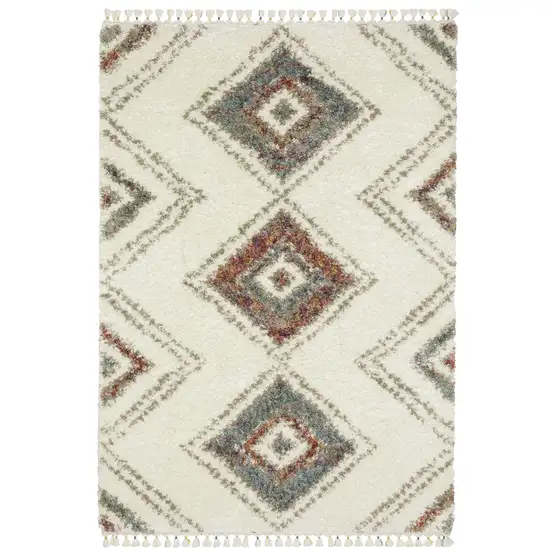 Ivory Red And Orange Southwestern Shag Area Rug With Fringe Photo 2