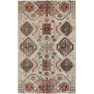 Photo of Ivory Red And Tan Abstract Power Loom Distressed Stain Resistant Area Rug