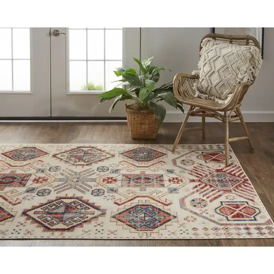 Ivory Red And Tan Abstract Power Loom Distressed Stain Resistant Area Rug Photo 4