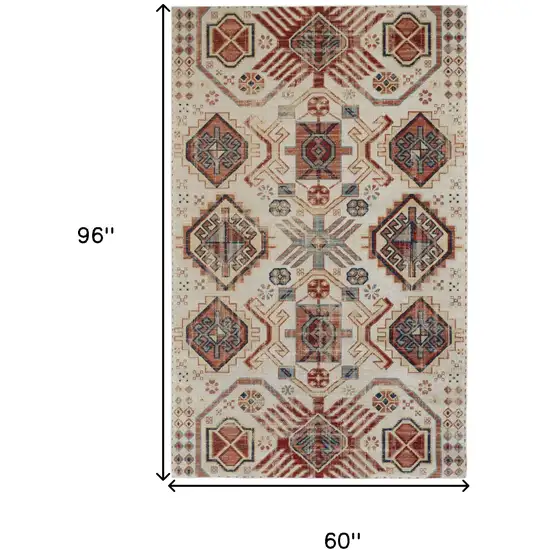 Ivory Red And Tan Abstract Power Loom Distressed Stain Resistant Area Rug Photo 6