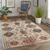 Photo of Ivory Red And Tan Abstract Power Loom Distressed Stain Resistant Area Rug