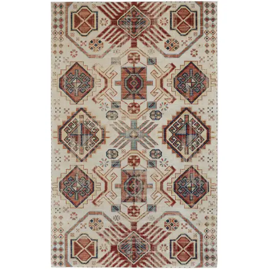 Ivory Red And Tan Abstract Power Loom Distressed Stain Resistant Area Rug Photo 1