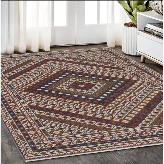 Ivory Red And Tan Diamond Area Rug With Fringe Photo 1