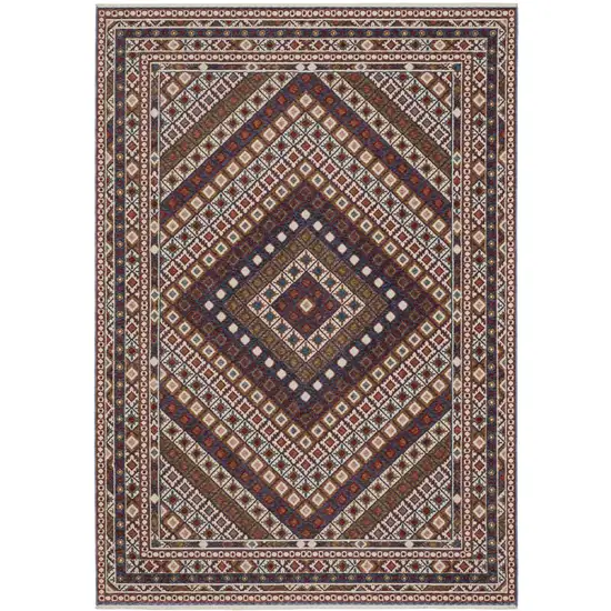 Ivory Red And Tan Diamond Area Rug With Fringe Photo 7