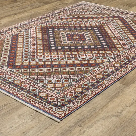 Ivory Red And Tan Diamond Area Rug With Fringe Photo 9