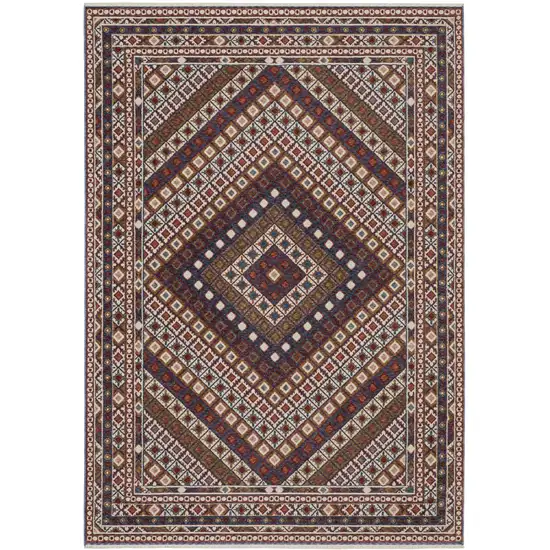 Ivory Red And Tan Diamond Area Rug With Fringe Photo 2