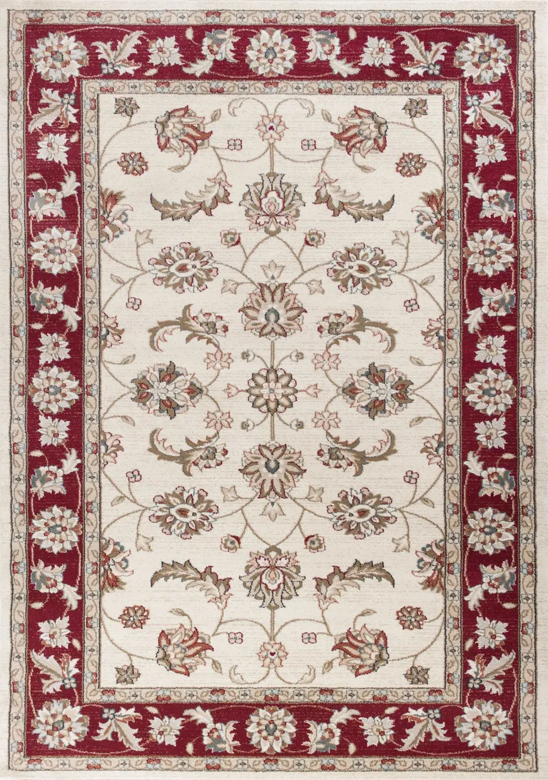 Ivory Red Bordered Floral Indoor Area Rug Photo 1