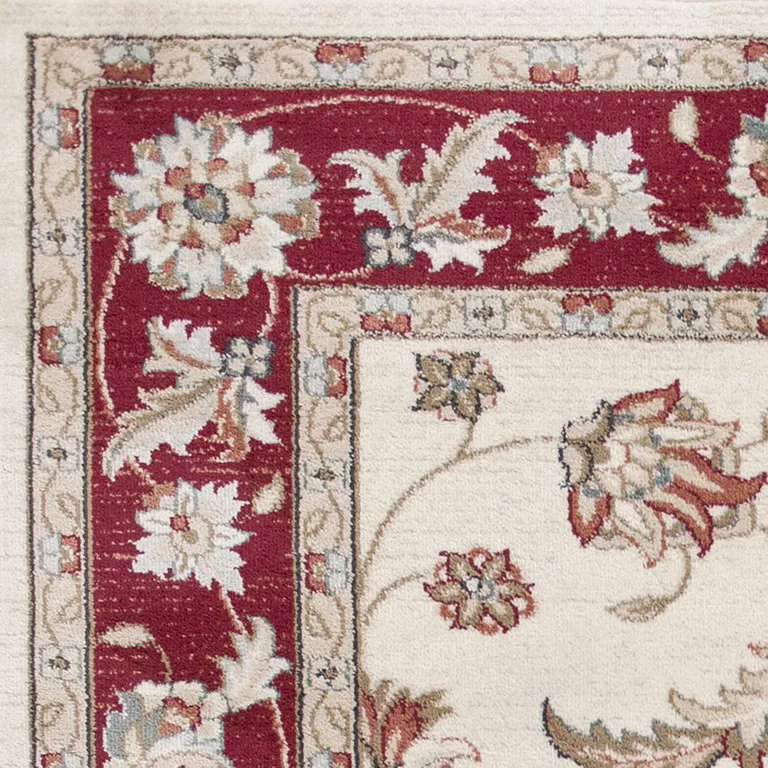 Ivory Red Bordered Floral Indoor Area Rug Photo 2