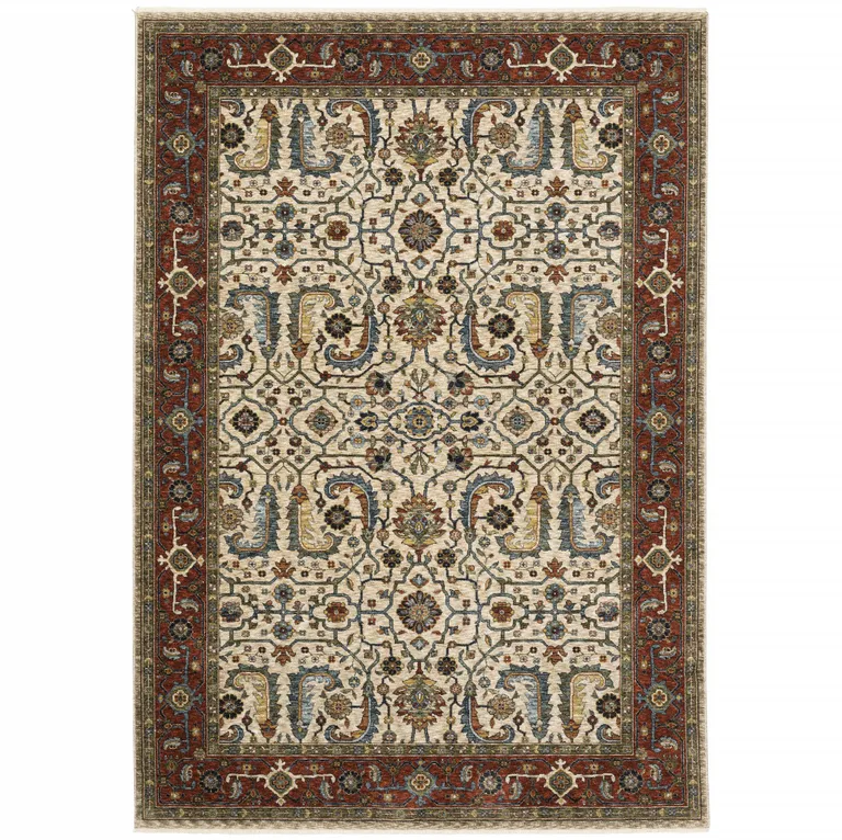 Ivory Red Green Grey Blue And Navy Oriental Power Loom Stain Resistant Area Rug With Fringe Photo 1