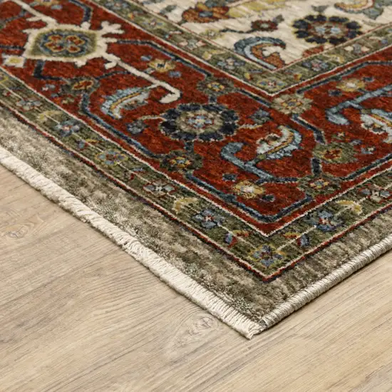 Ivory Red Green Grey Blue And Navy Oriental Power Loom Stain Resistant Area Rug With Fringe Photo 6