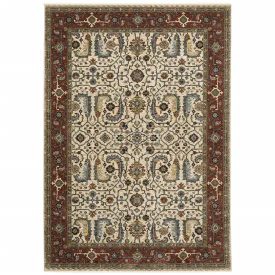 Ivory Red Green Grey Blue And Navy Oriental Power Loom Stain Resistant Area Rug With Fringe Photo 1