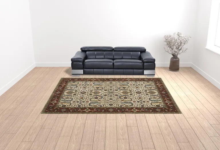 Ivory Red Green Grey Blue And Navy Oriental Power Loom Stain Resistant Area Rug With Fringe Photo 3