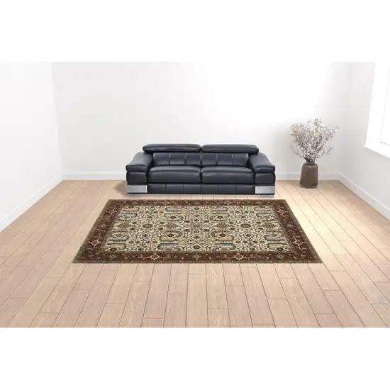 Ivory Red Green Grey Blue And Navy Oriental Power Loom Stain Resistant Area Rug With Fringe Photo 3