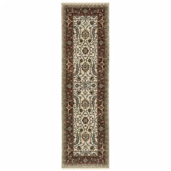 Ivory Red Green Grey Blue And Navy Oriental Power Loom Stain Resistant Runner Rug With Fringe Photo 1