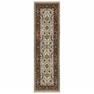 Photo of Ivory Red Green Grey Blue And Navy Oriental Power Loom Stain Resistant Runner Rug With Fringe