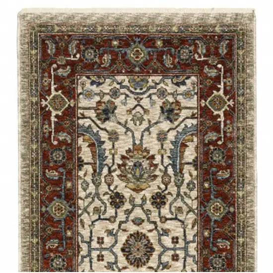 2' X 8' Ivory Red Green Grey Blue And Navy Oriental Power Loom Stain Resistant Runner Rug With Fringe Photo 7