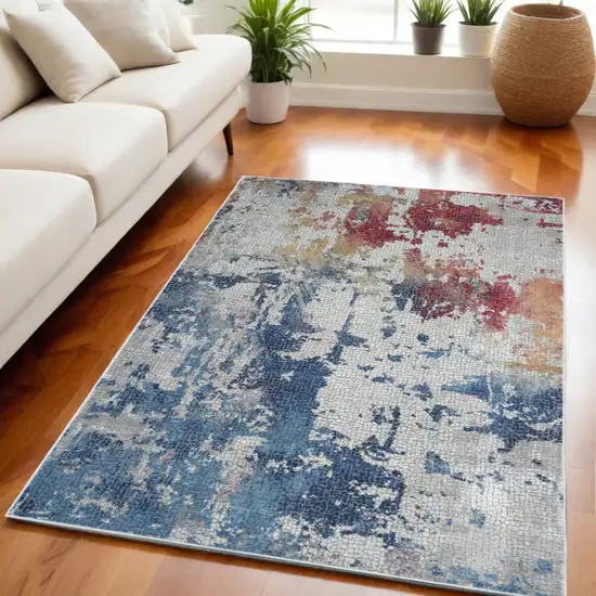 Ivory Red and Blue Abstract Distressed Non Skid Area Rug Photo 1