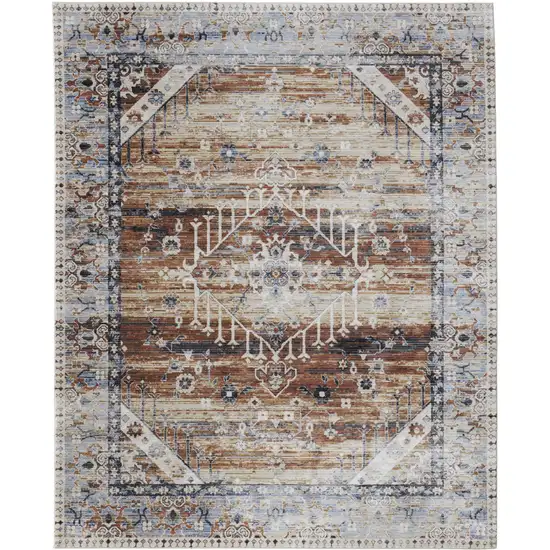 Ivory Red and Blue Abstract Power Loom Worn Faded Area Rug Photo 4