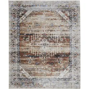 Photo of Ivory Red and Blue Abstract Power Loom Worn Faded Area Rug