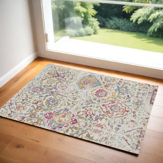 Ivory Red and Blue Damask Distressed Area Rug Photo 1