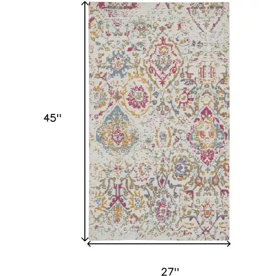 Ivory Red and Blue Damask Distressed Area Rug Photo 3