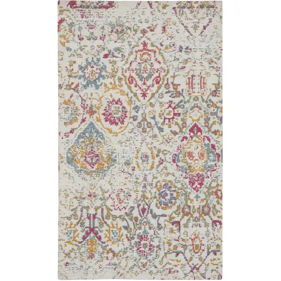 Ivory Red and Blue Damask Distressed Area Rug Photo 2