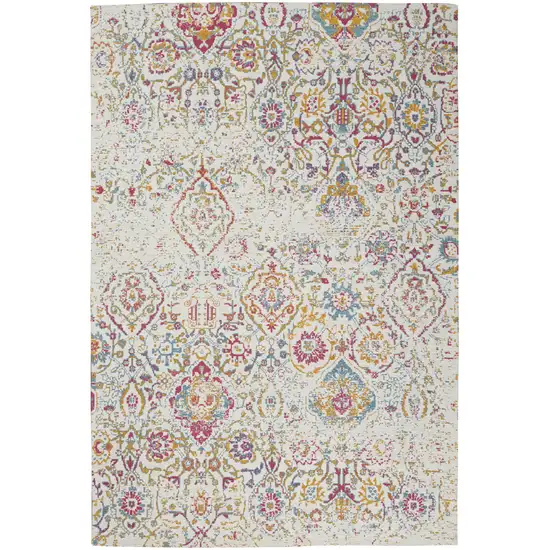 Ivory Red and Blue Damask Distressed Area Rug Photo 4