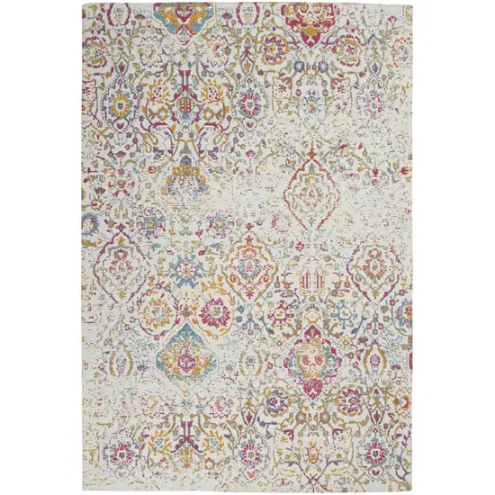 Ivory Red and Blue Damask Distressed Area Rug Photo 2