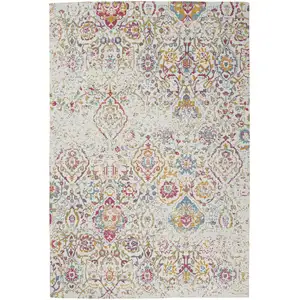 Photo of Ivory Red and Blue Damask Distressed Area Rug