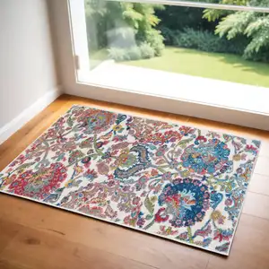 Photo of Ivory Red and Blue Floral Distressed Non Skid Area Rug