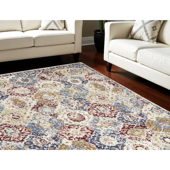 Ivory Red and Blue Geometric Distressed Area Rug Photo 1