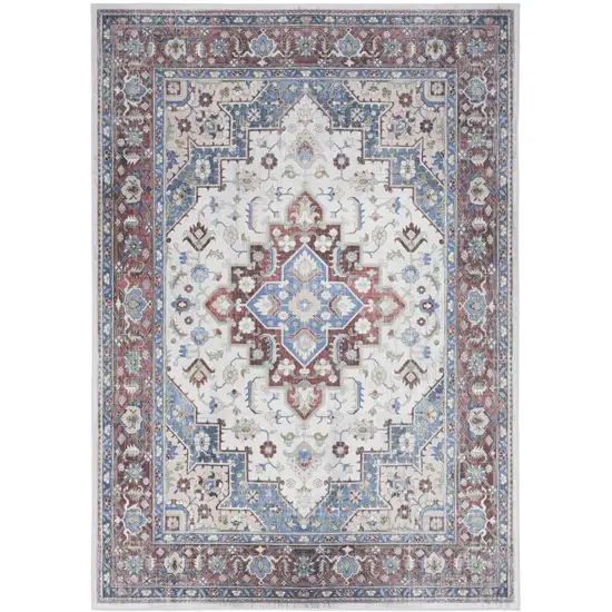 Ivory Red and Blue Medallion Distressed Non Skid Area Rug Photo 2