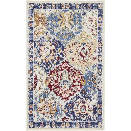 Ivory Red and Blue Ogee Distressed Non Skid Area Rug Photo 2