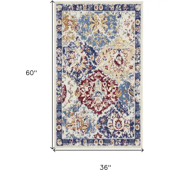 Ivory Red and Blue Ogee Distressed Non Skid Area Rug Photo 3