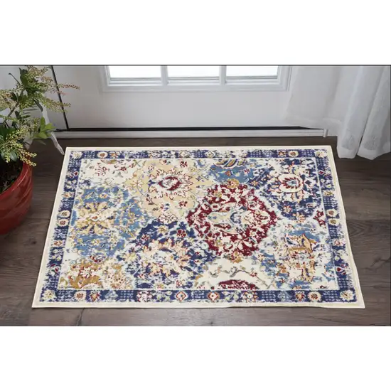 Ivory Red and Blue Ogee Distressed Non Skid Area Rug Photo 1