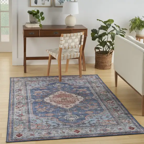 Ivory Red and Blue Oriental Distressed Non Skid Area Rug Photo 8