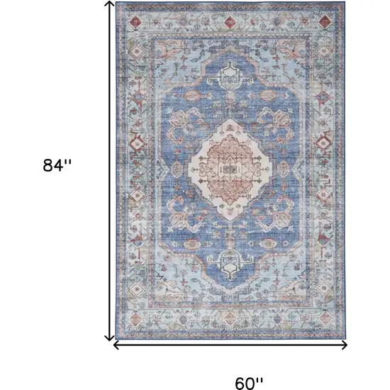 Ivory Red and Blue Oriental Distressed Non Skid Area Rug Photo 3