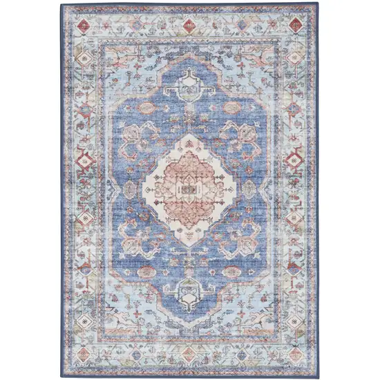 Ivory Red and Blue Oriental Distressed Non Skid Area Rug Photo 2