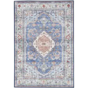 Photo of Ivory Red and Blue Oriental Distressed Non Skid Area Rug