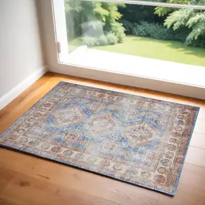 Photo of Ivory Red and Blue Oriental Distressed Non Skid Area Rug