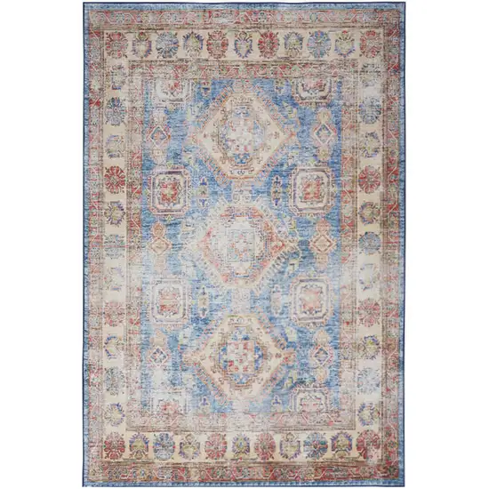 Ivory Red and Blue Oriental Distressed Non Skid Area Rug Photo 2