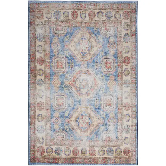 Ivory Red and Blue Oriental Distressed Non Skid Area Rug Photo 7