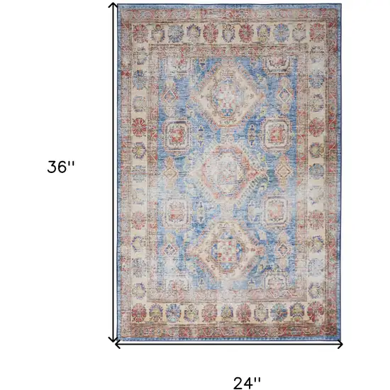 Ivory Red and Blue Oriental Distressed Non Skid Area Rug Photo 3