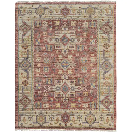 Ivory Red and Gold Wool Oriental Hand Knotted Area Rug With Fringe Photo 1