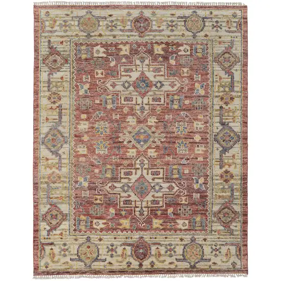 Ivory Red and Gold Wool Oriental Hand Knotted Area Rug With Fringe Photo 5