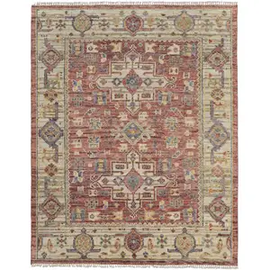 Photo of Ivory Red and Gold Wool Oriental Hand Knotted Area Rug With Fringe